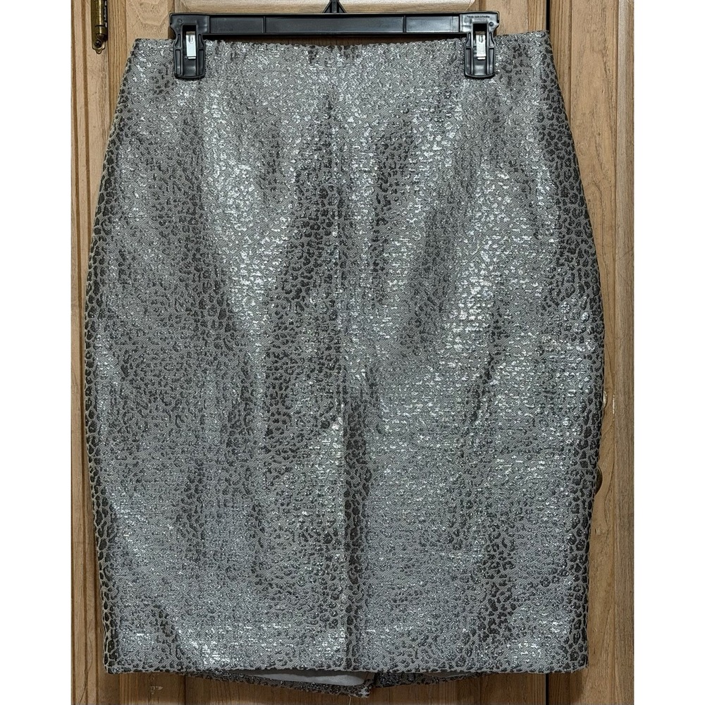 Ann Taylor Metallic Silver Gray Pencil Skirt Sz 8 Wool Blend Lined Leopard Print